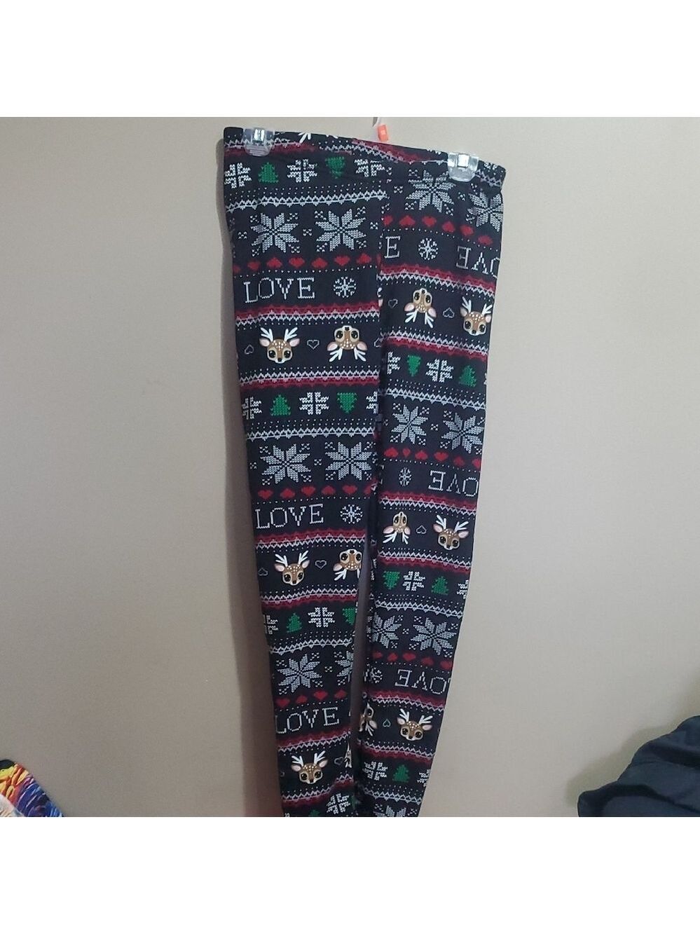 Festive fleece Leggings - Black with Reindeer and Love Pattern Size M/L